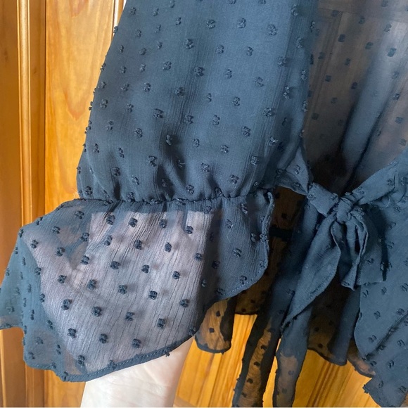 Nasty Gal Black Swiss Dot Sheer Tie Front Long Sleeve Crop Peplum Blouse - Picture 5 of 7